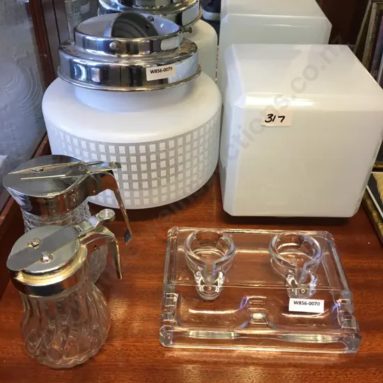 Pair of Art Deco White Glass Light Shades, English Glass Inkwell,1950s GRACE Cut Glass Syrup Container Etc